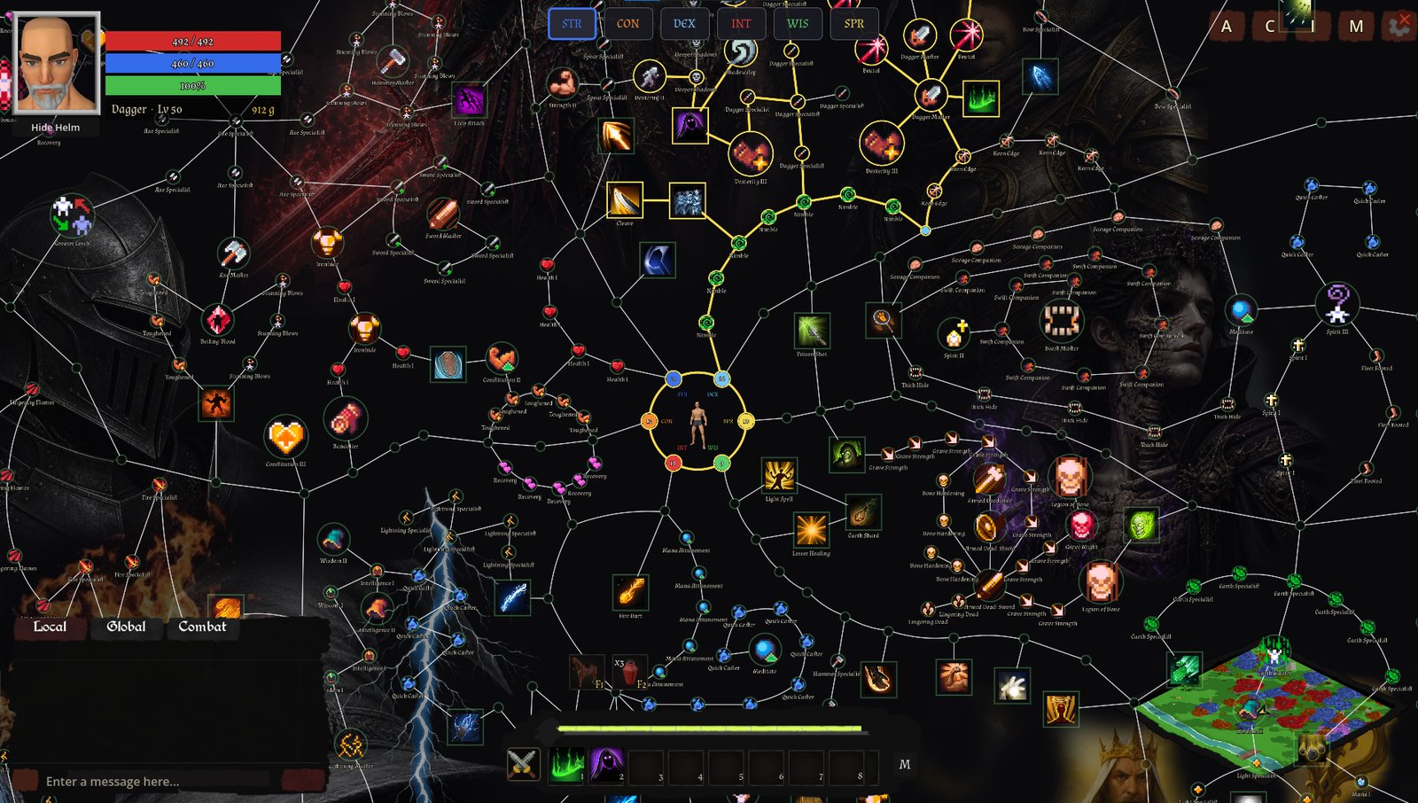 The skill web — abilities and perks laid out in a constellation