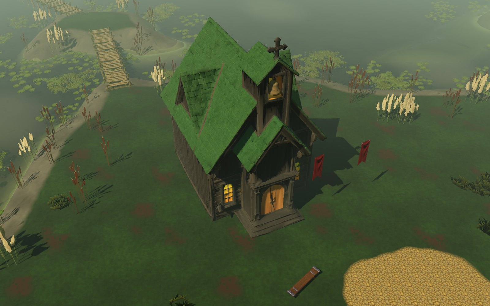 The old wooden church of Riverbreeze on its island