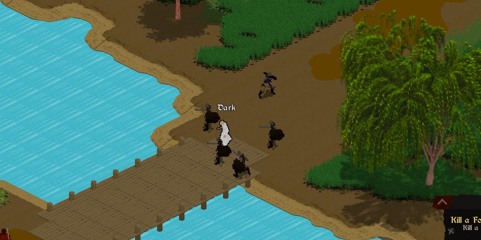 An undead adventurer crosses the bridge with a pack of summoned skeletons