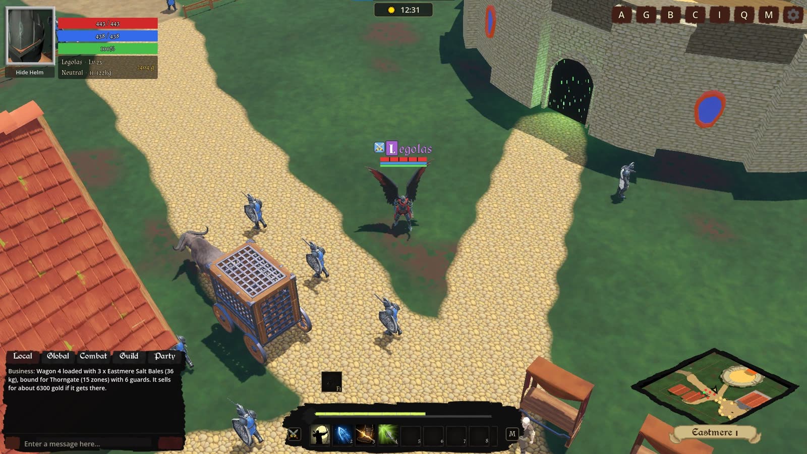 A guarded wagon rolls out of town past the gate guards