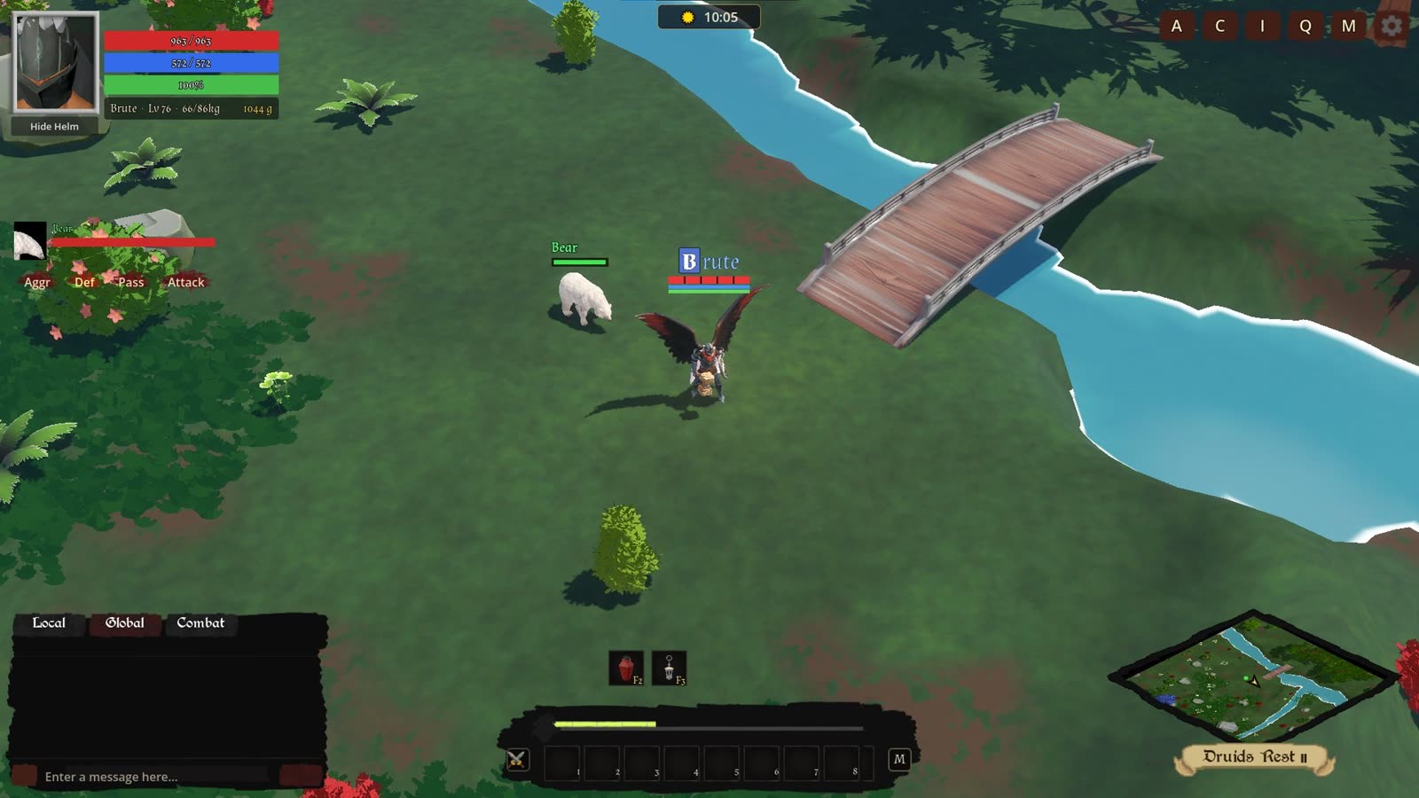 Wings out over the river bridge, a tamed bear at heel