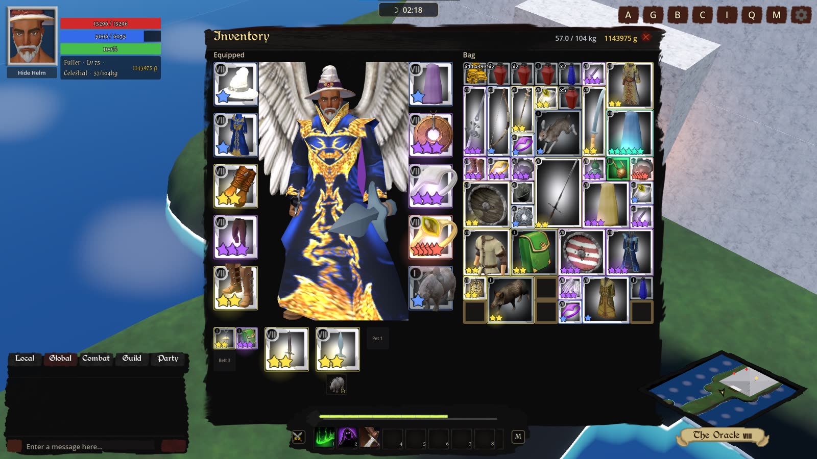A Seraphyn in blue and gold robes, bag full of named loot