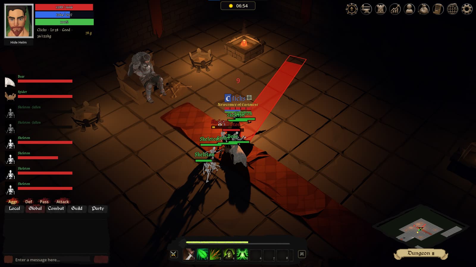 A party fights its way down the red carpet of a dungeon hall